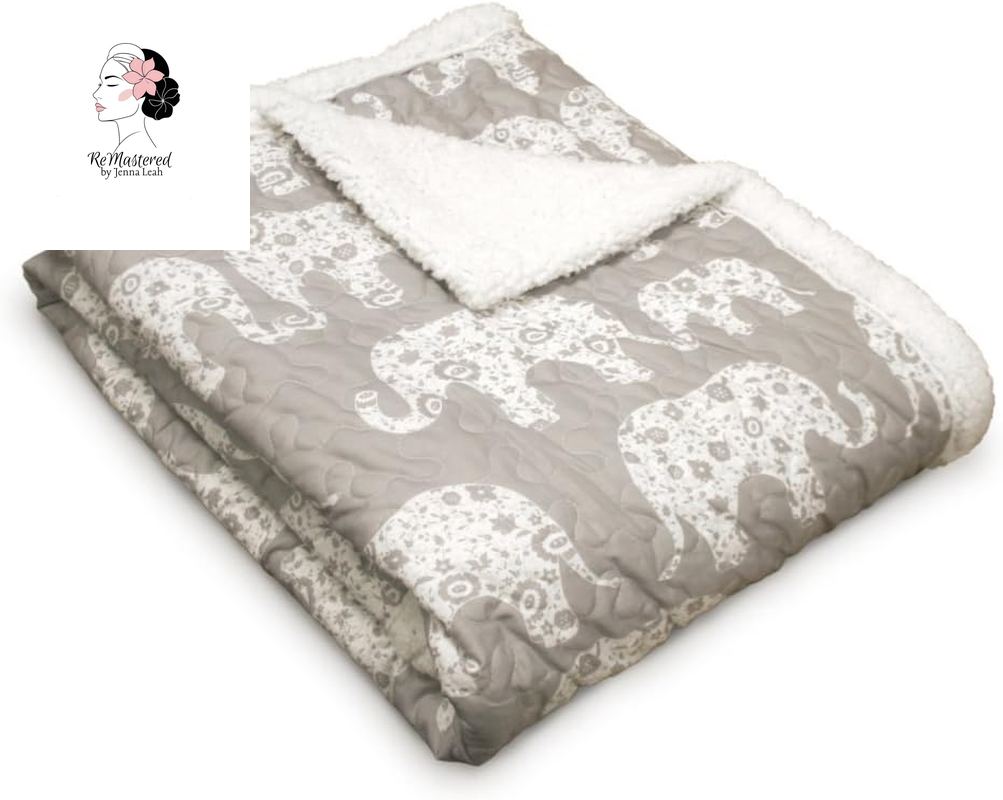 - Throw, Reversible Sherpa Blanket, Quilted Whimsical Design, Animal Printed, Ideal for Bed, Couch, or Chair (Elephant Parade Gray, 50" X 60")