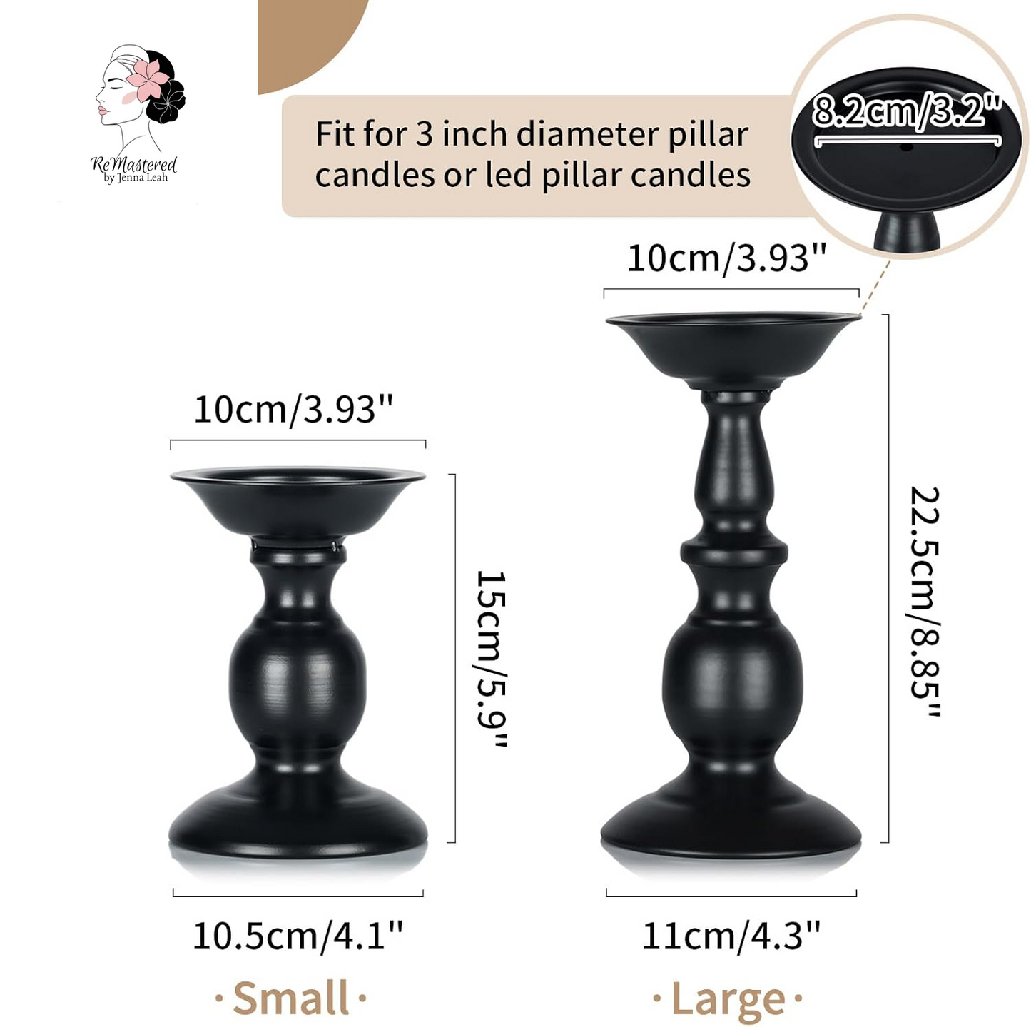 2 Pcs Black Pillar Candle Holders, Most Ideal for 3" Pillar Candles, Gifts for Wedding, Party, Home, Spa, Reiki, Votive Candle (2 X S)