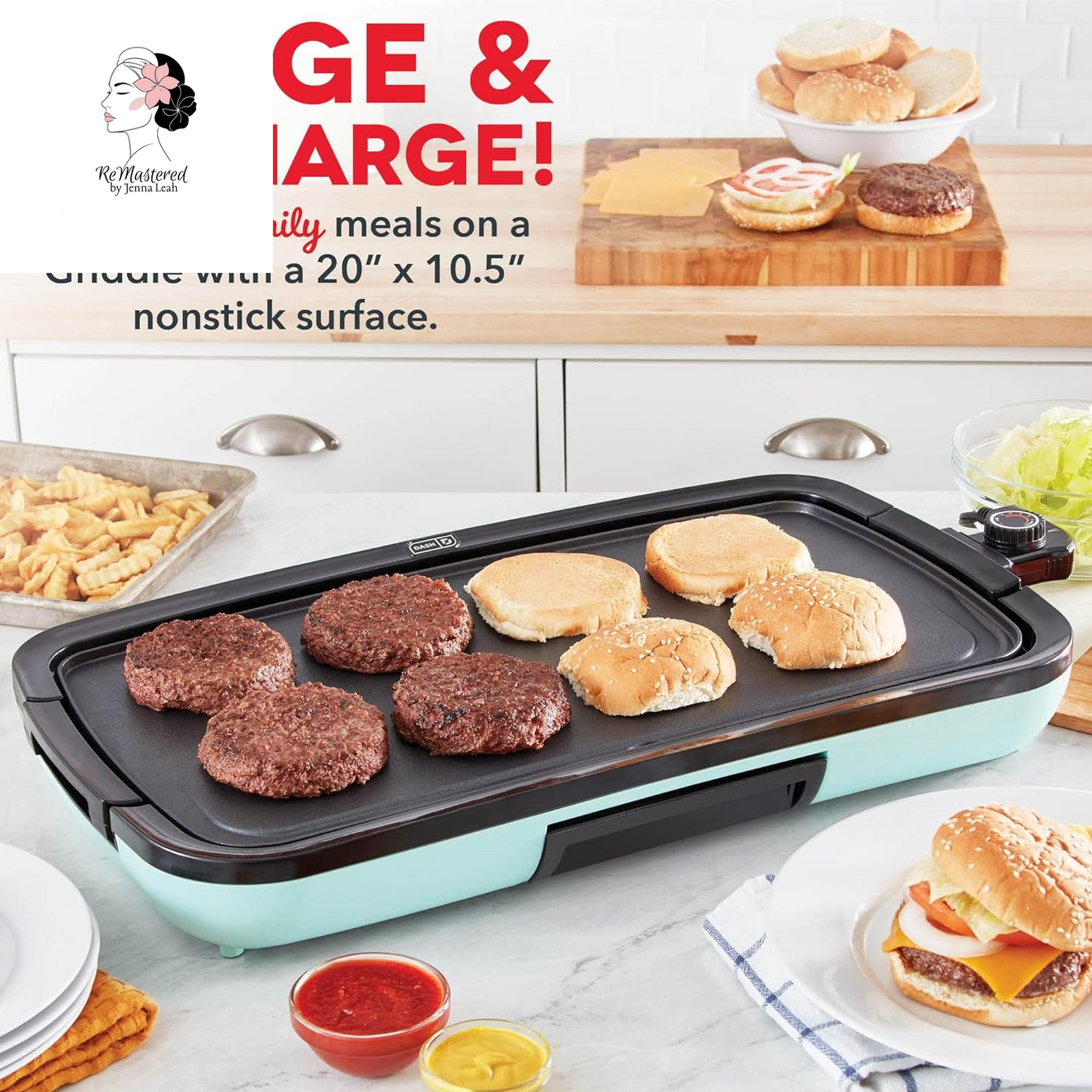 Deluxe Everyday Electric Griddle with Dishwasher Safe Removable Nonstick Cooking Plate for Pancakes, Burgers, Eggs and More, Includes Drip Tray + Recipe Book, 20” X 10.5”, 1500-Watt - Aqua