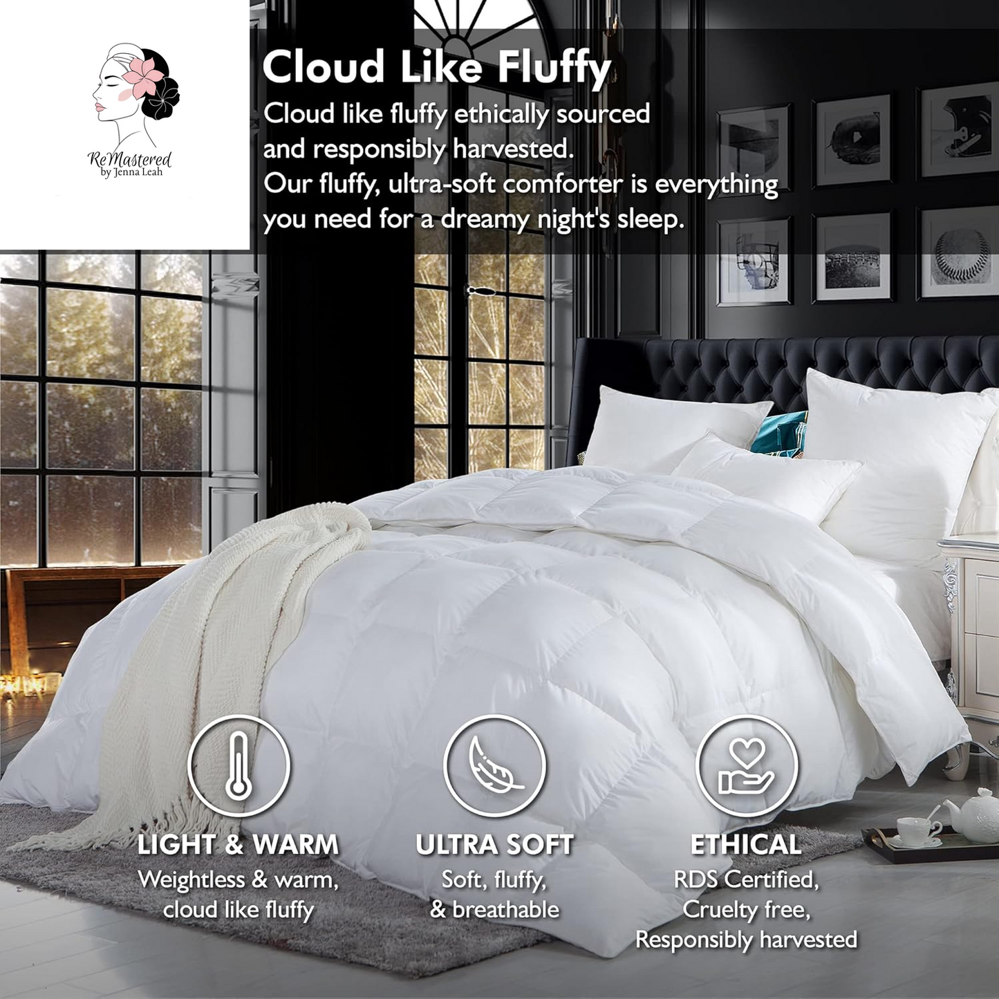 Luxurious King/California King Size Goose down Feather Fiber Comforter Duvet Insert, 100% Egyptian Cotton Cover, 70 Oz. Fill Weight, All-Season White Solid Comforter