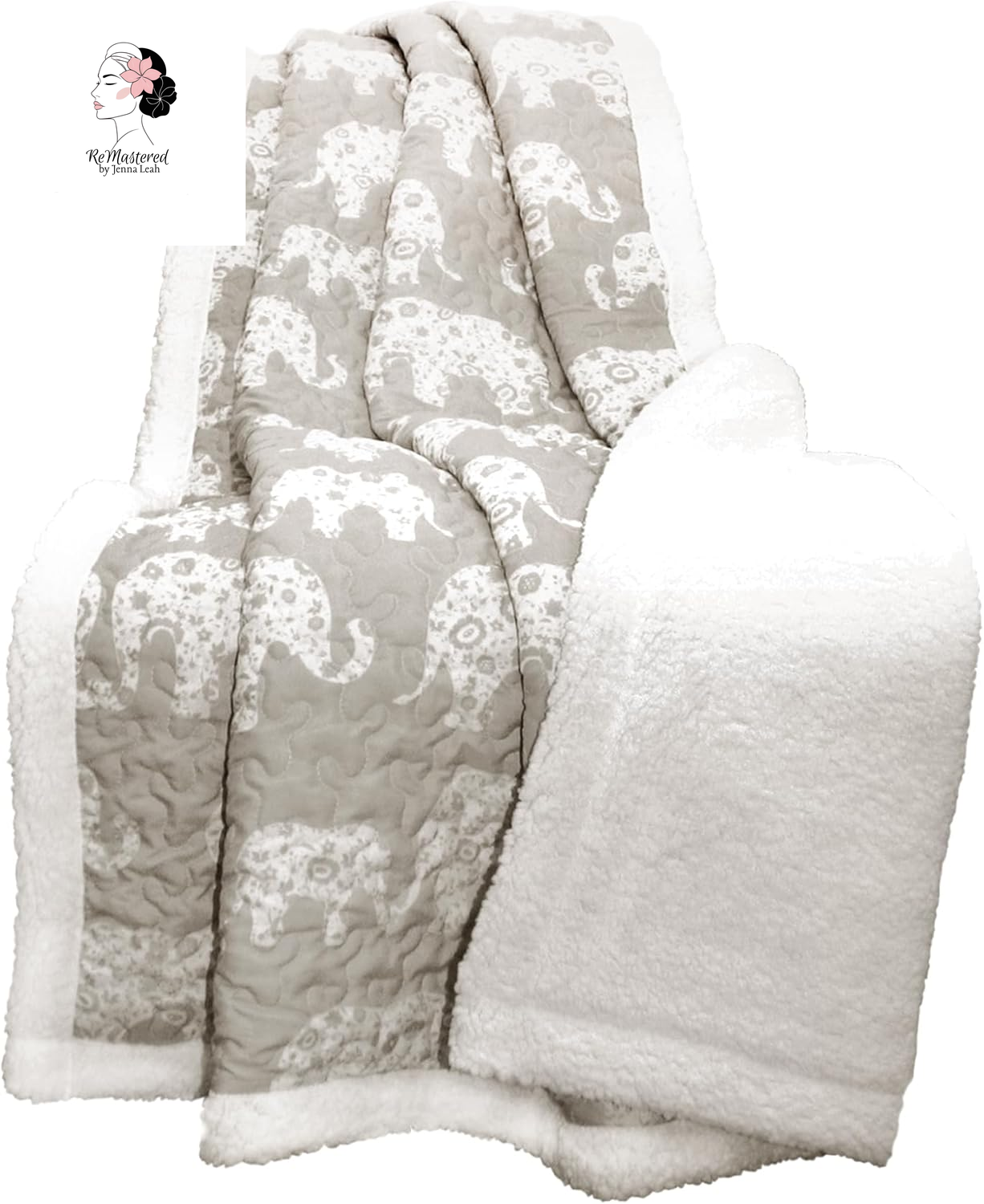 - Throw, Reversible Sherpa Blanket, Quilted Whimsical Design, Animal Printed, Ideal for Bed, Couch, or Chair (Elephant Parade Gray, 50" X 60")