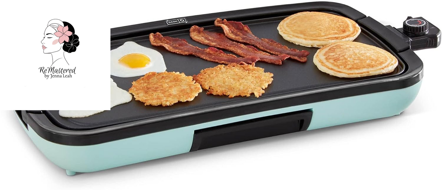 Deluxe Everyday Electric Griddle with Dishwasher Safe Removable Nonstick Cooking Plate for Pancakes, Burgers, Eggs and More, Includes Drip Tray + Recipe Book, 20” X 10.5”, 1500-Watt - Aqua