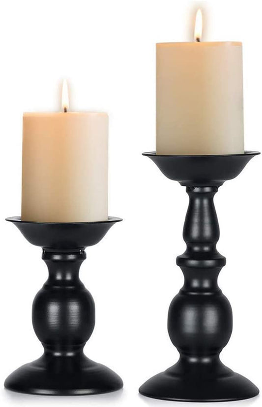 Black Candle Holder for Pillar Candles - 2 Pcs Rustic Candle Holders Set Metal Candle Stand Tall Retro Fall Pillar Candleholder for Halloween Easter Farmhouse Fireplace Home Table Centerpiece