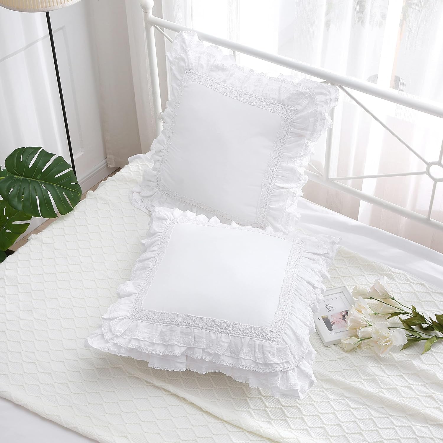 2-Pack Luxury Lace White Euro Shams Throw Pillow Covers Cushion Cases with Ruffles Cotton 26"X26" Zipper Closure Elegant