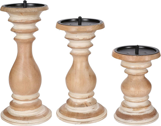 Candle Holder Set of 3,Candle Stands,Farmhouse Candle Holders, White Distress Wooden Candle Holders,Farmhouse Pillar Candle Holders Set of 3,Pillar Candle Holders Set of 3 Wooden 10+8+6 Inch Height