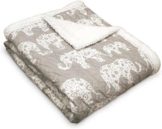 - Throw, Reversible Sherpa Blanket, Quilted Whimsical Design, Animal Printed, Ideal for Bed, Couch, or Chair (Elephant Parade Gray, 50" X 60")