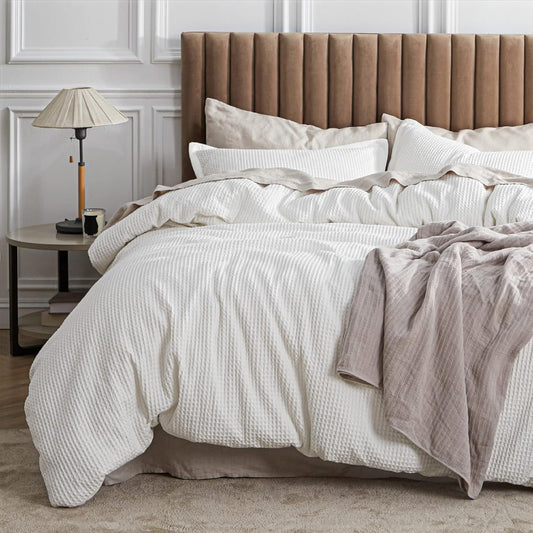 Cotton Duvet Cover Queen - 100% Cotton Waffle Weave Coconut White Duvet Cover Queen Size, Gentlesoft™ and Breathable Bedding Set for All Season, 3 Pieces, 90"X90"