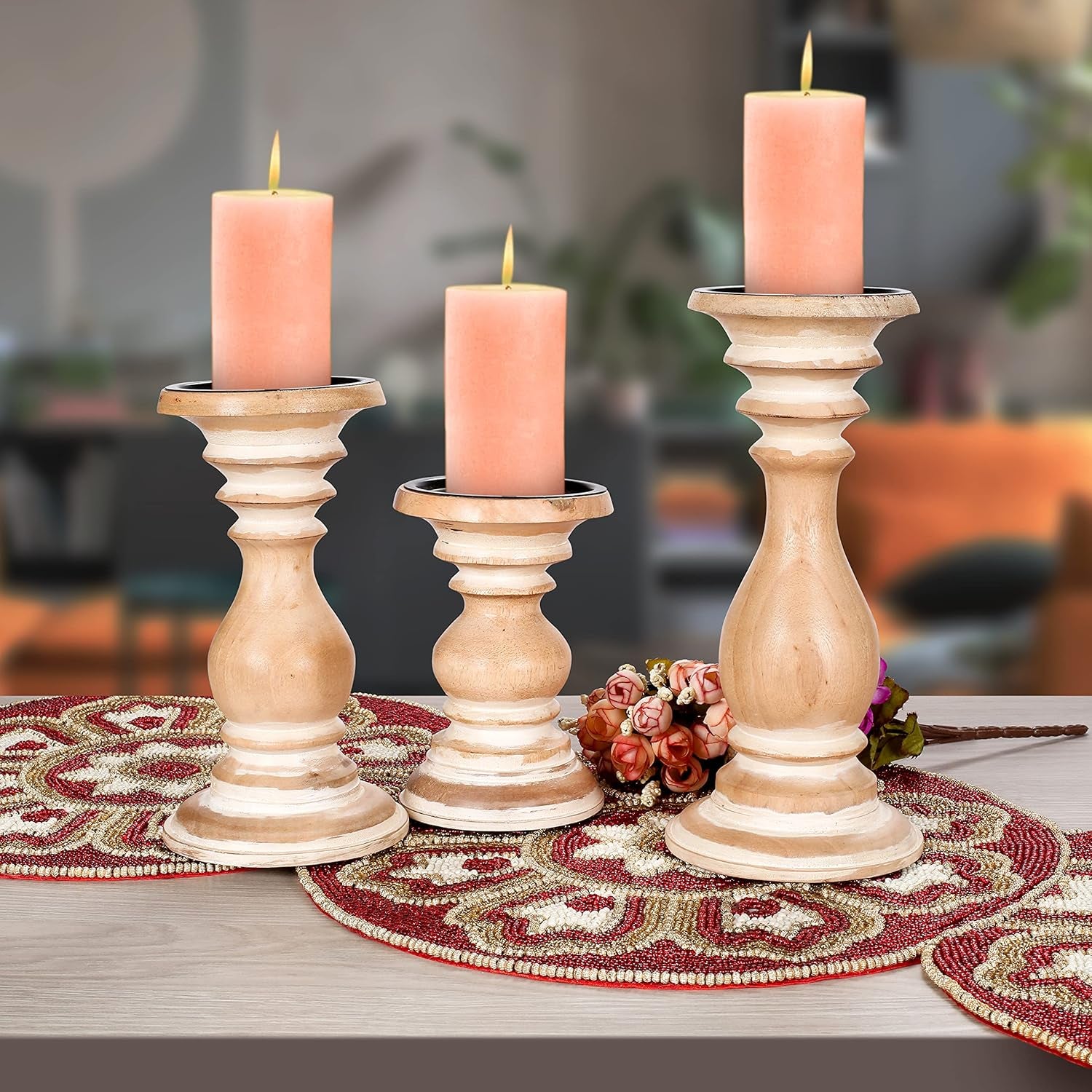 Candle Holder Set of 3,Candle Stands,Farmhouse Candle Holders, White Distress Wooden Candle Holders,Farmhouse Pillar Candle Holders Set of 3,Pillar Candle Holders Set of 3 Wooden 10+8+6 Inch Height