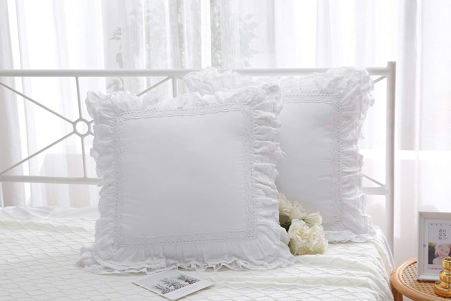 2-Pack Luxury Lace White Euro Shams Throw Pillow Covers Cushion Cases with Ruffles Cotton 26"X26" Zipper Closure Elegant