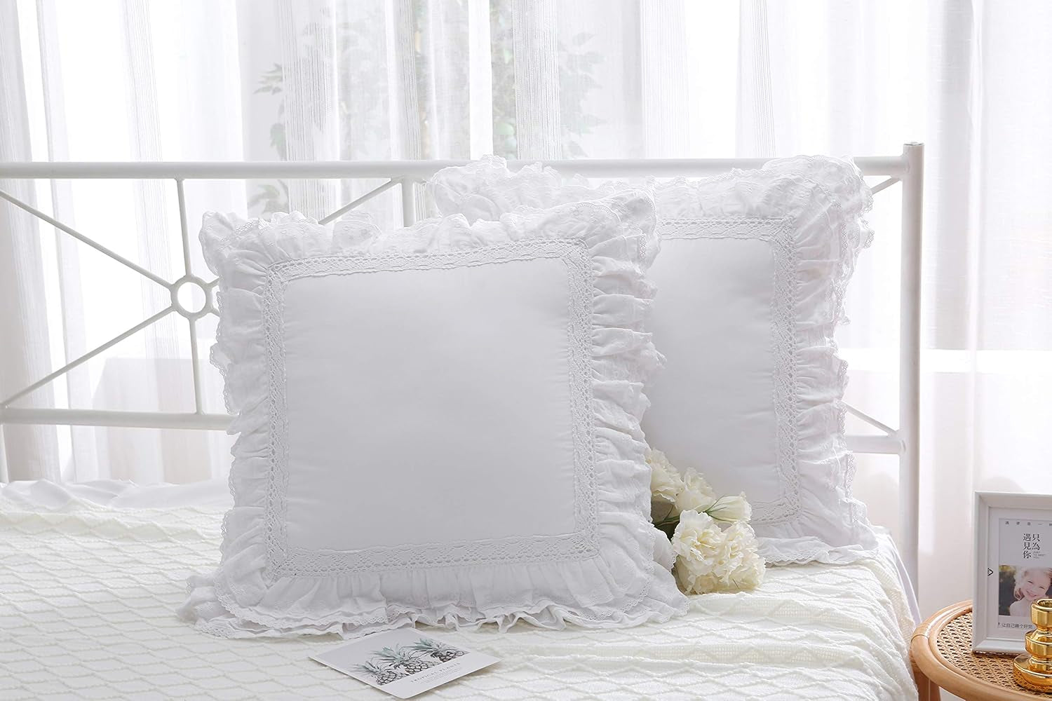 2-Pack Luxury Lace White Euro Shams Throw Pillow Covers Cushion Cases with Ruffles Cotton 26"X26" Zipper Closure Elegant