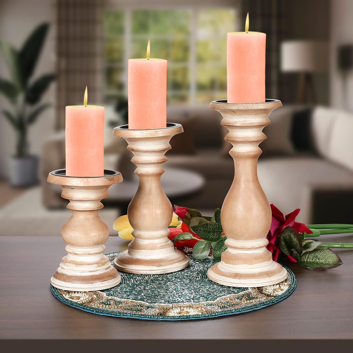 Candle Holder Set of 3,Candle Stands,Farmhouse Candle Holders, White Distress Wooden Candle Holders,Farmhouse Pillar Candle Holders Set of 3,Pillar Candle Holders Set of 3 Wooden 10+8+6 Inch Height