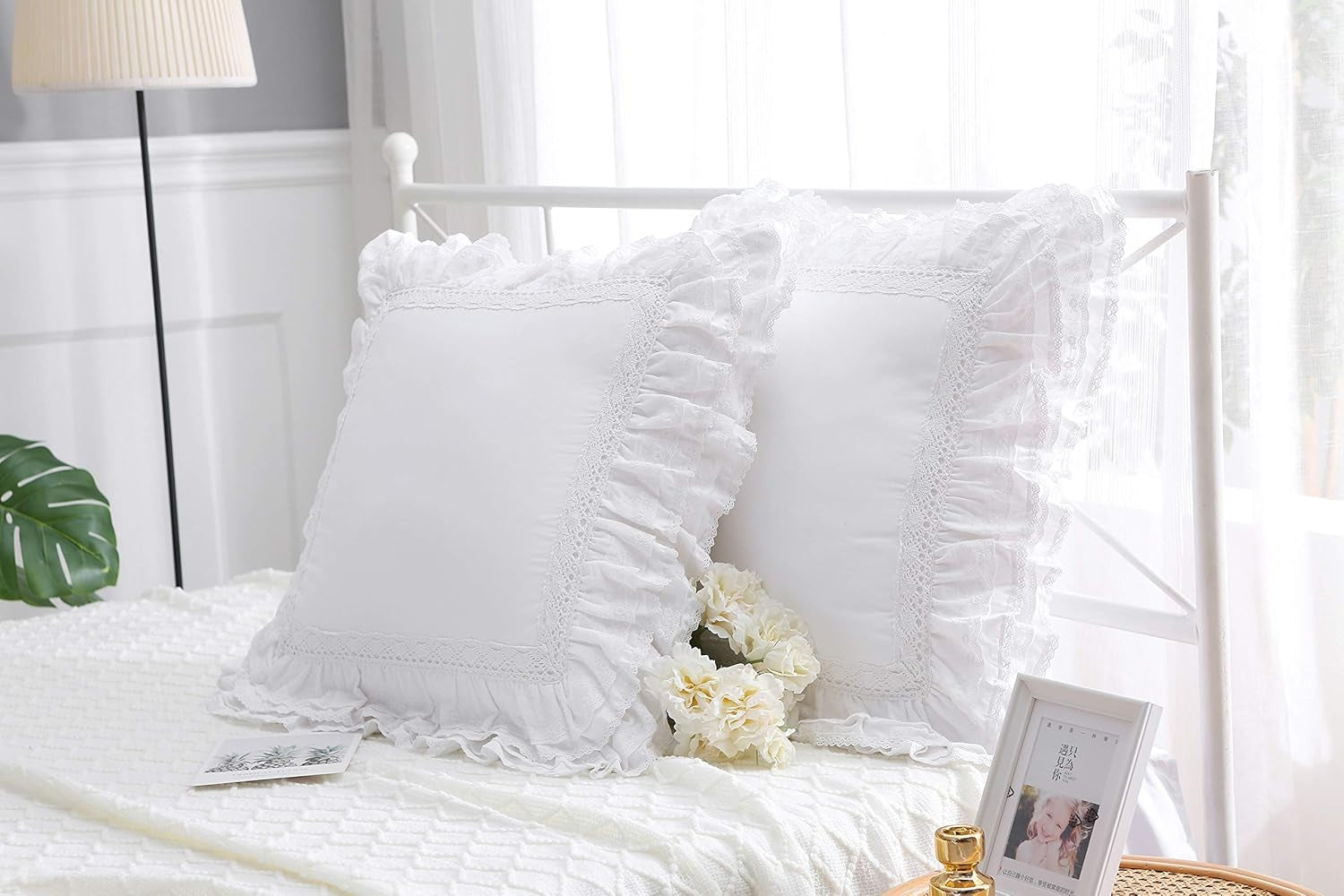 2-Pack Luxury Lace White Euro Shams Throw Pillow Covers Cushion Cases with Ruffles Cotton 26"X26" Zipper Closure Elegant