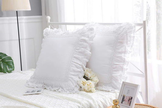 2-Pack Luxury Lace White Euro Shams Throw Pillow Covers Cushion Cases with Ruffles Cotton 26"X26" Zipper Closure Elegant