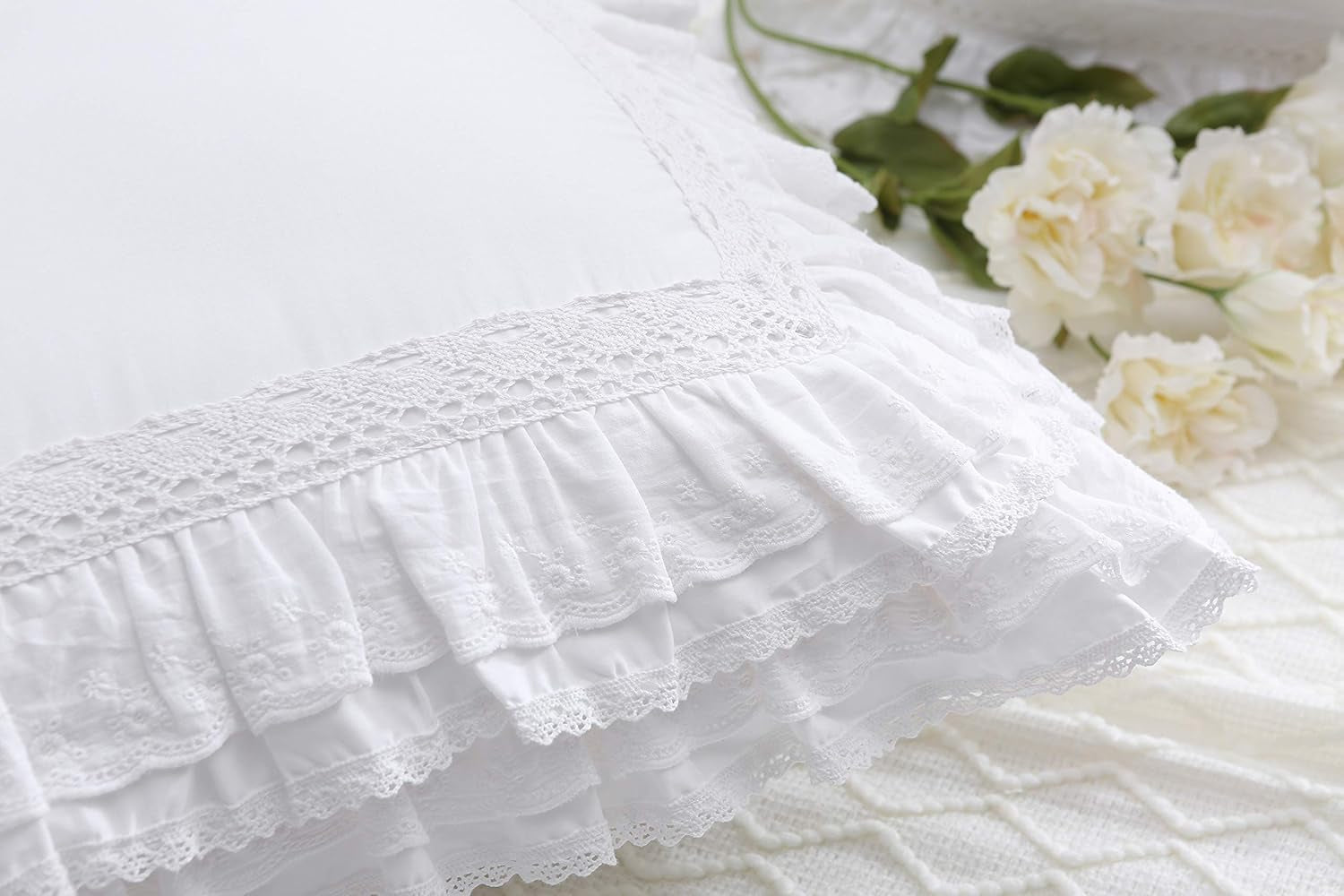 2-Pack Luxury Lace White Euro Shams Throw Pillow Covers Cushion Cases with Ruffles Cotton 26"X26" Zipper Closure Elegant