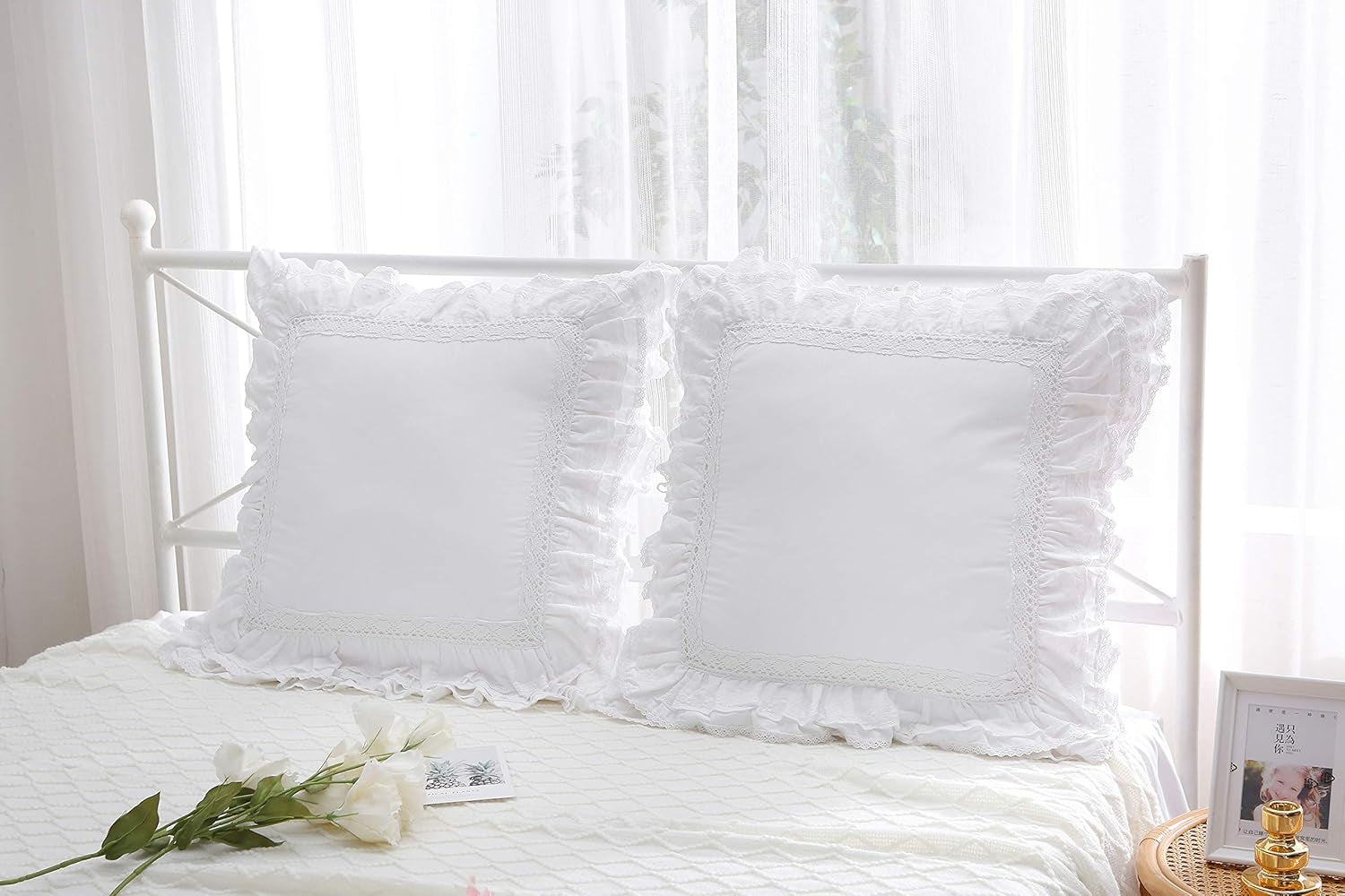 2-Pack Luxury Lace White Euro Shams Throw Pillow Covers Cushion Cases with Ruffles Cotton 26"X26" Zipper Closure Elegant