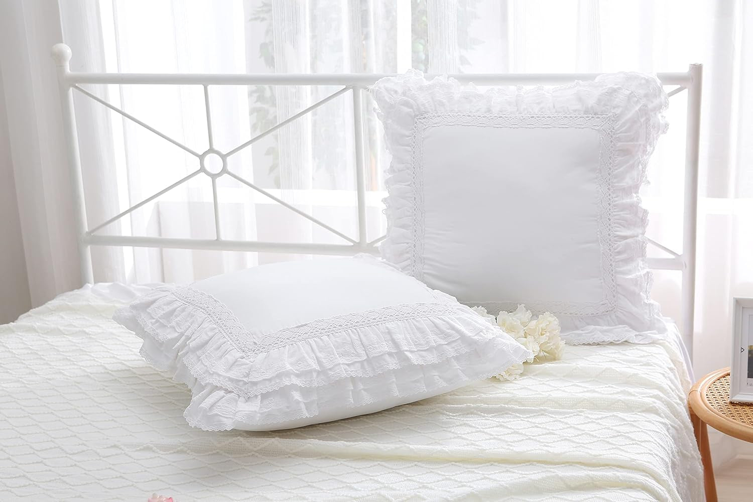 2-Pack Luxury Lace White Euro Shams Throw Pillow Covers Cushion Cases with Ruffles Cotton 26"X26" Zipper Closure Elegant