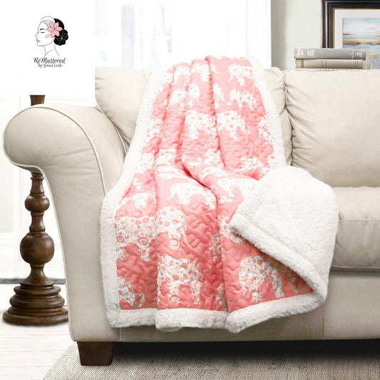 - Throw, Reversible Sherpa Blanket, Quilted Whimsical Design, Animal Printed, Ideal for Bed, Couch, or Chair (Elephant Parade Gray, 50" X 60")